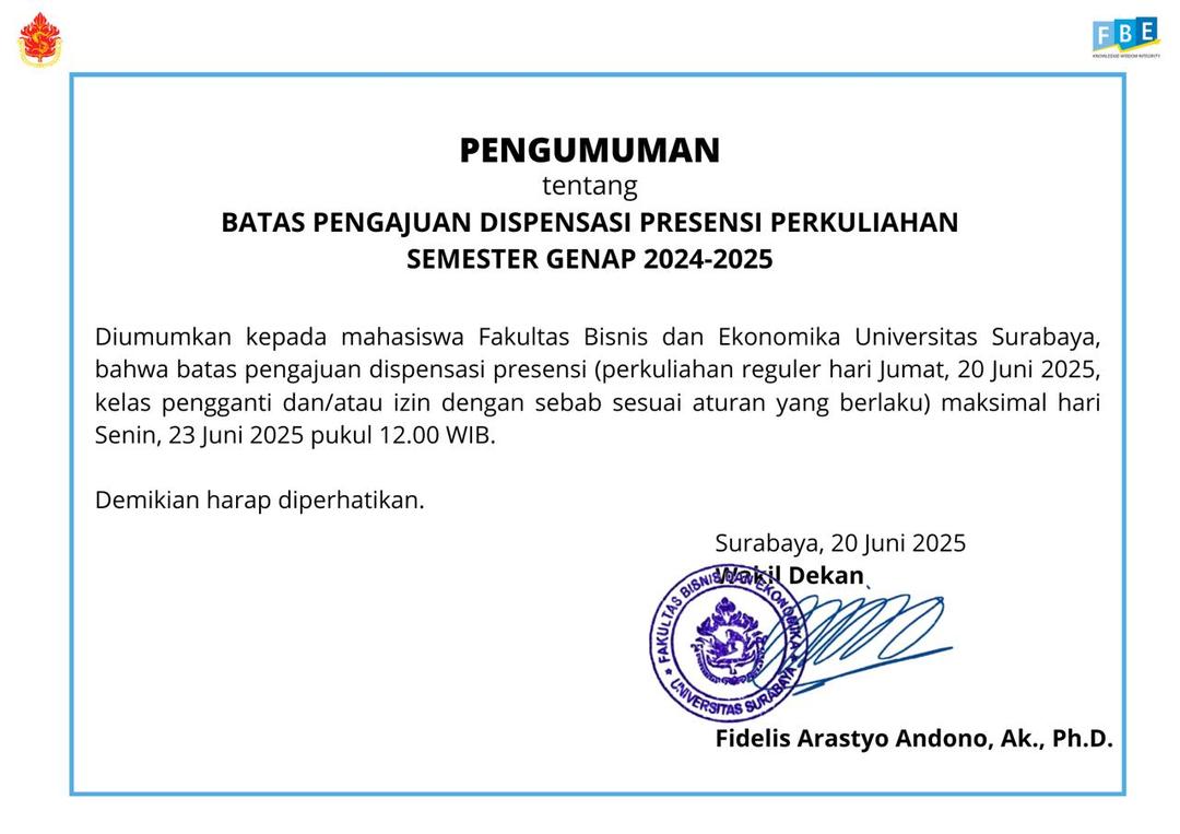 Batas Pengajuan Dispensasi Presensi Perkuliahan Semester Genap 2024-2025