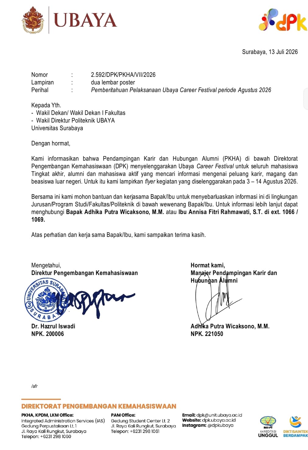 Pemberitahuan Pelaksanaan Ubaya Career Festival periode Agustus 2026